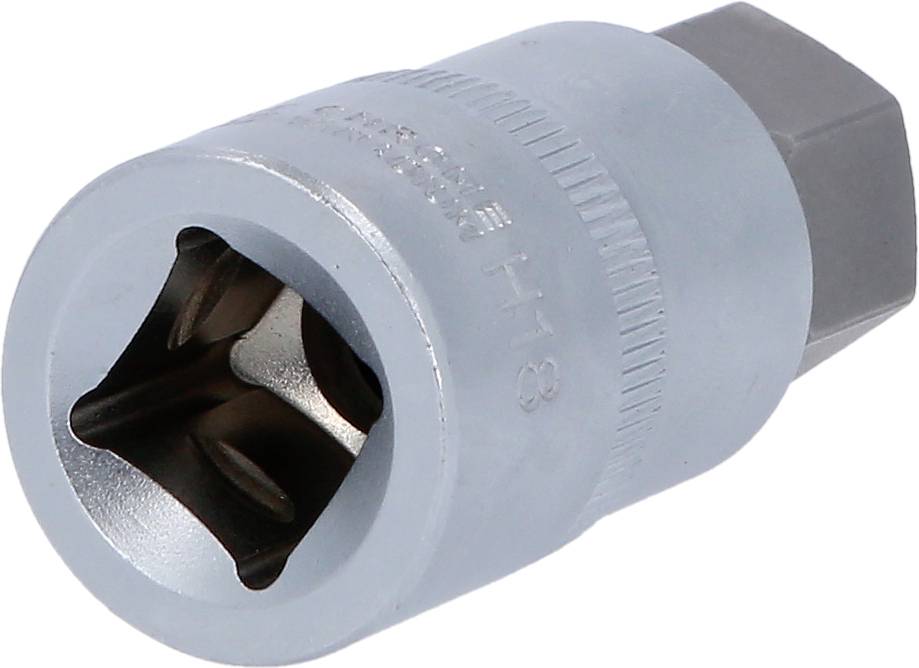 Metallische Stecknuss mit hexagonalem Innenprofil, verwendet zur Befestigung von Schrauben und Muttern.