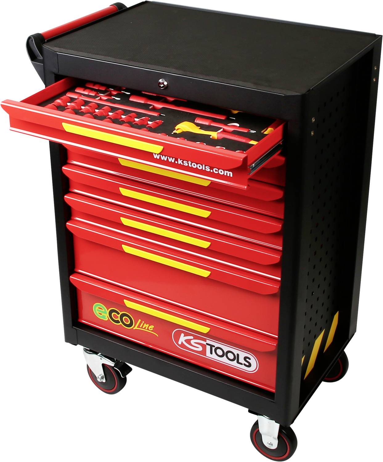 'Werkzeugwagen mit sechs roten Schubladen, eine teilweise geöffnet mit Werkzeugen. Markenname und Website auf der Oberseite sichtbar.'