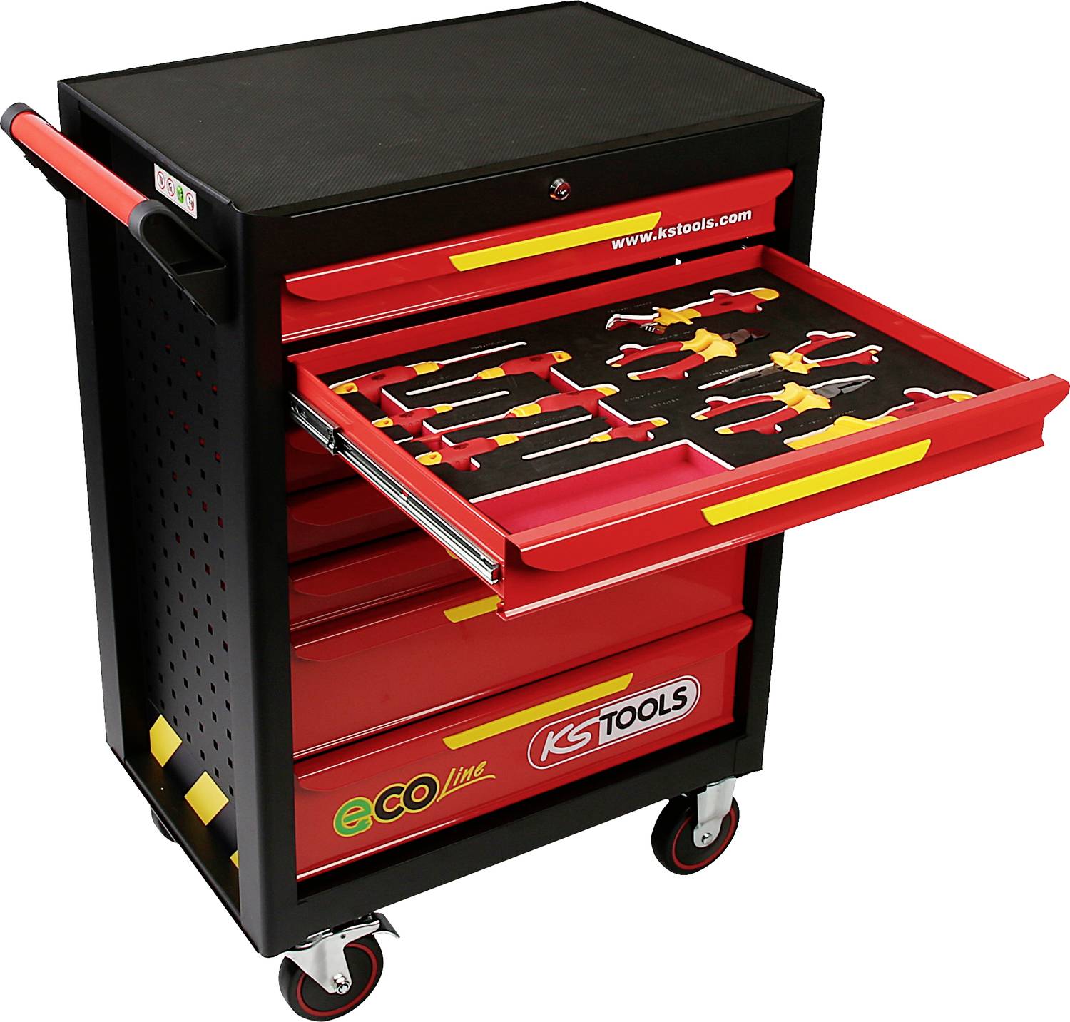 Ein schwarzer Werkstattwagen mit rotem Griff und Rädern, zeigt eine offene Schublade mit verschiedenen Schraubendrehern in einem Einsatz.