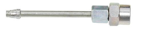 Ein Metallverbinder mit langer Düse und sechseckiger Mutter.