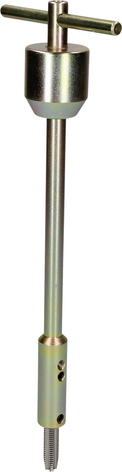 Ein Metallwerkzeug mit einem T-Griff oben, einer langen Stange und einem Gewindebohrer am unteren Ende; wird zum Schneiden von Gewinden verwendet.