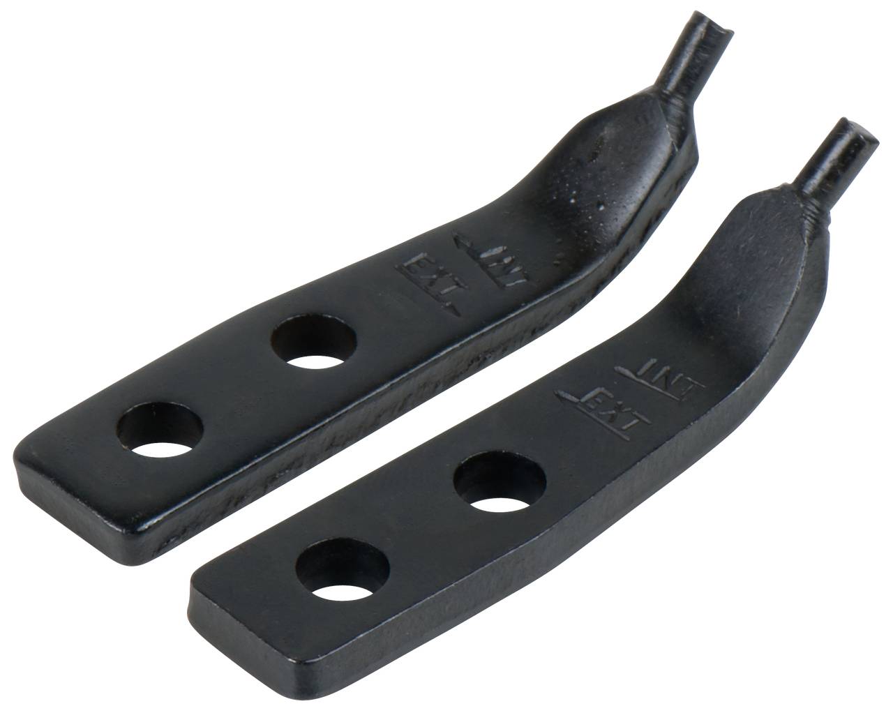Zwei schwarze Metallhalterungen mit je zwei Befestigungslöchern und einer gebogenen, verdickten Spitze.