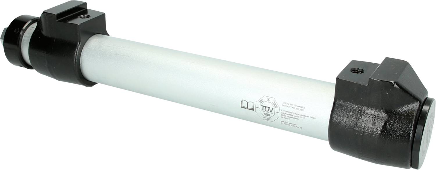 Ein weißer Metallzylinder mit schwarzen Endstücken, auf dem TÜV-Zertifizierungs- und Produkthinweise aufgedruckt sind.