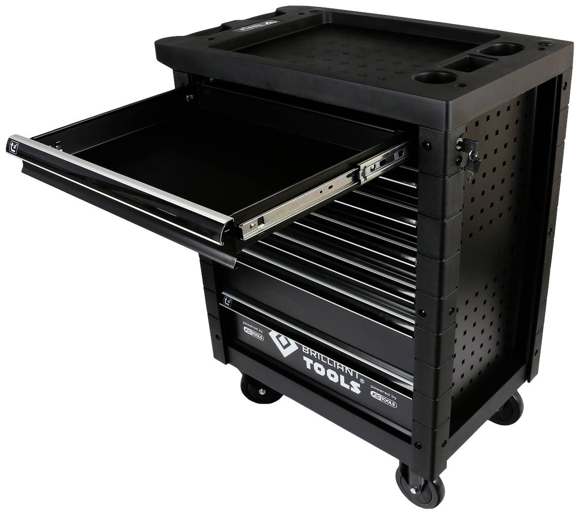 Ein schwarzer Werkzeugwagen mit mehreren Schubladen, von denen eine ausgezogen ist. Das Design ist funktional mit Rollen für Mobilität.