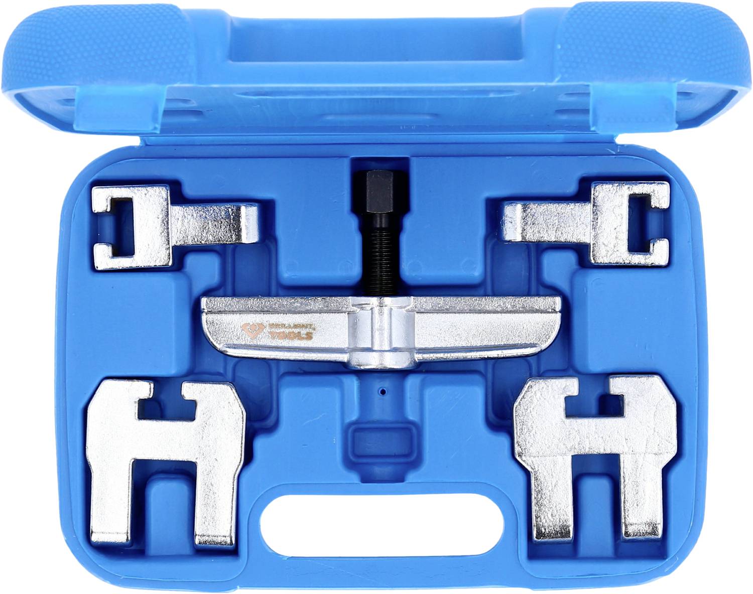 Ein blauer Werkzeugkoffer mit einem Abzieher-Set aus Metall, bestehend aus mehreren Klemmen und einem zentralen Schraubmechanismus.
