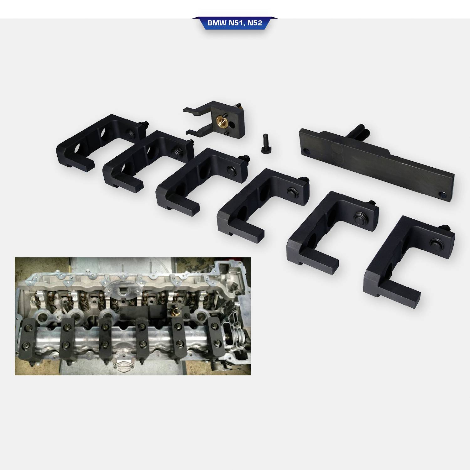 'BMW N51, N52' Motorwerkzeug-Kit. Verschiedene Metallteile auf weißem Hintergrund. Bild unten links zeigt Motorblockteil.