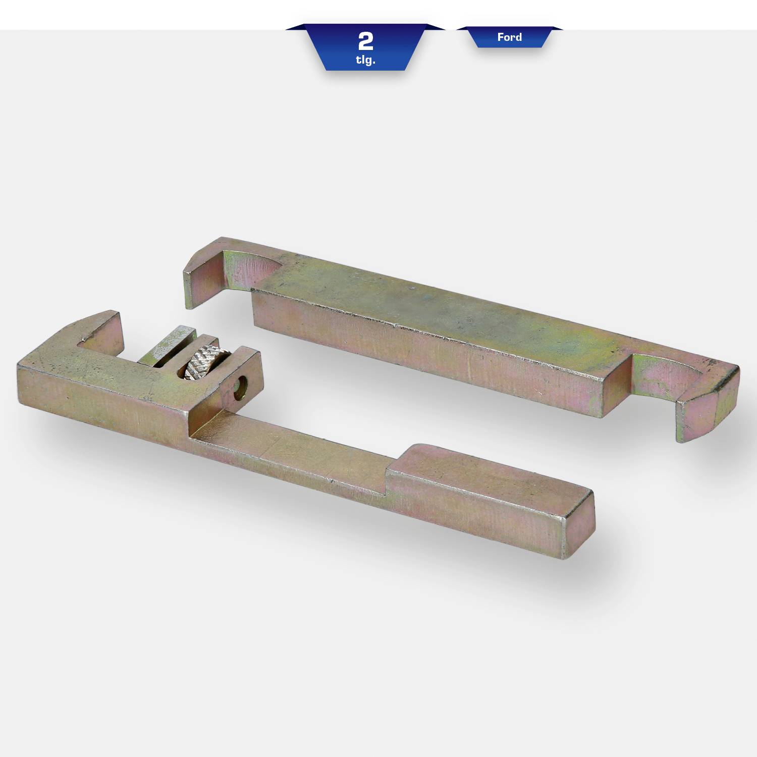 Werkzeug zur Fixierung eines Objekts, bestehend aus zwei Metallteilen, auf hellem Hintergrund. Oberer Text: '2 tlg.', 'Ford'.