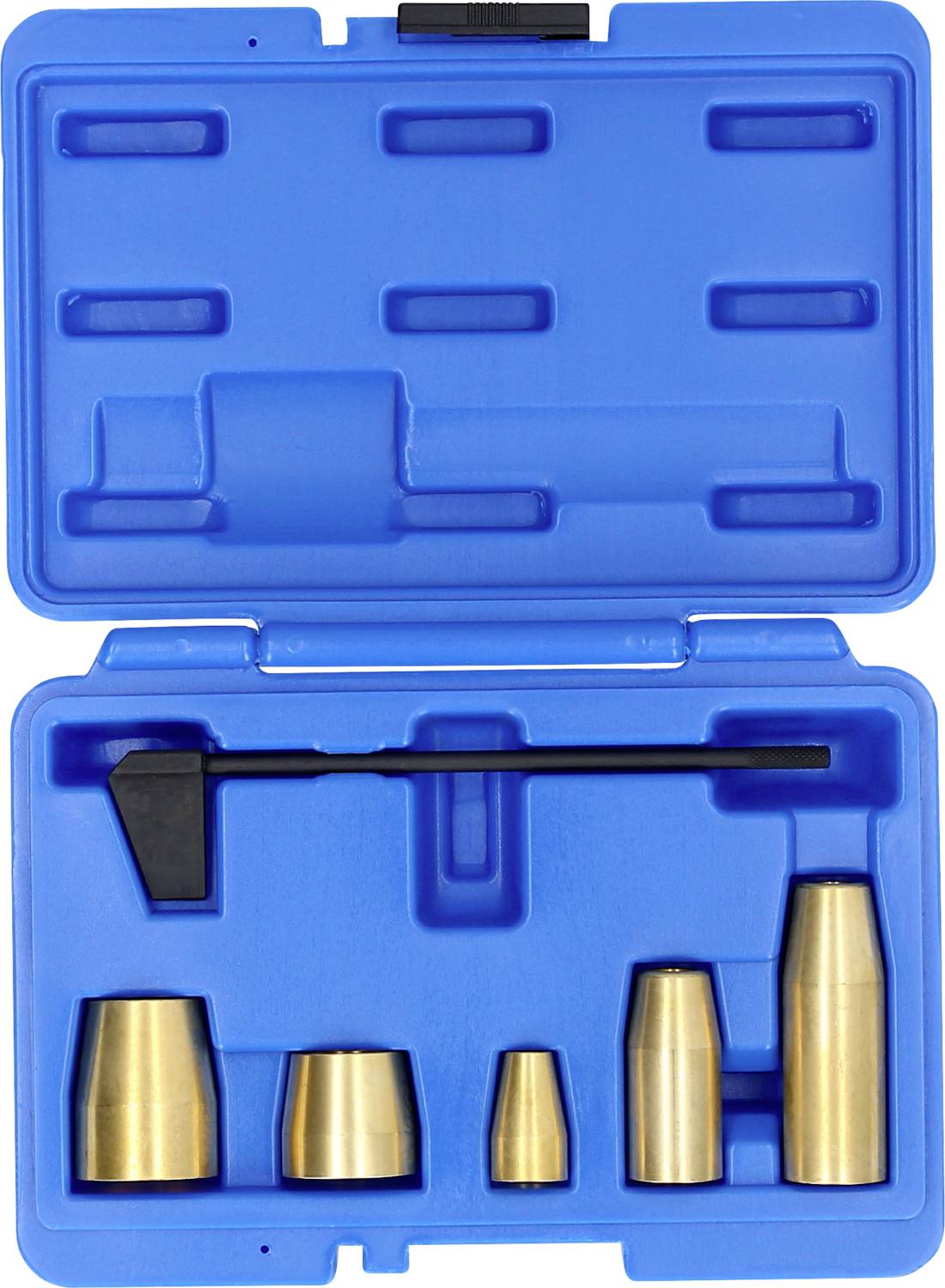 Blauer Kunststoffkoffer mit mehreren goldfarbenen metallischen Werkzeugaufsätzen, die in geformten Einsätzen ordentlich angeordnet sind.