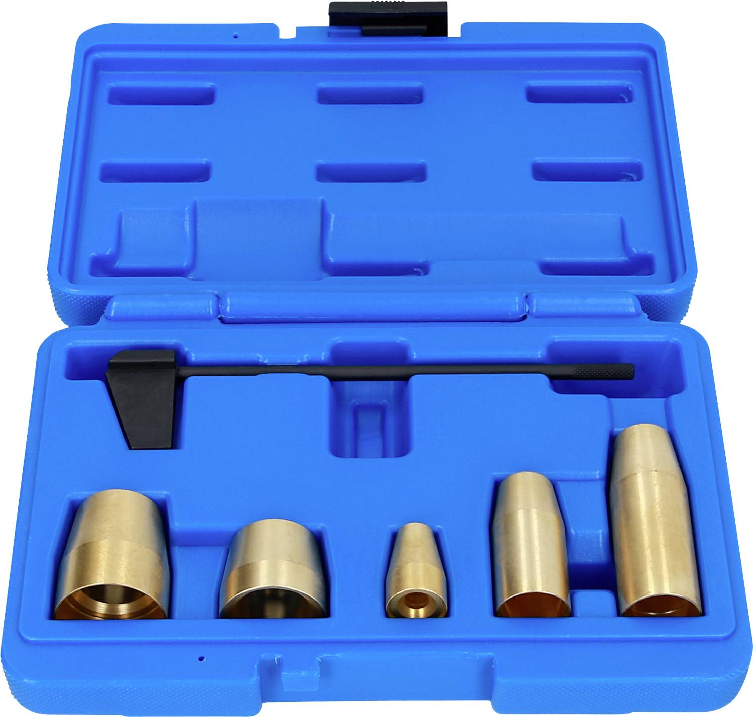 Ein blauer Werkzeugkoffer mit verschiedenen goldenen Düsen und einem schwarzen Werkzeug. Geeignet für technische Arbeiten.