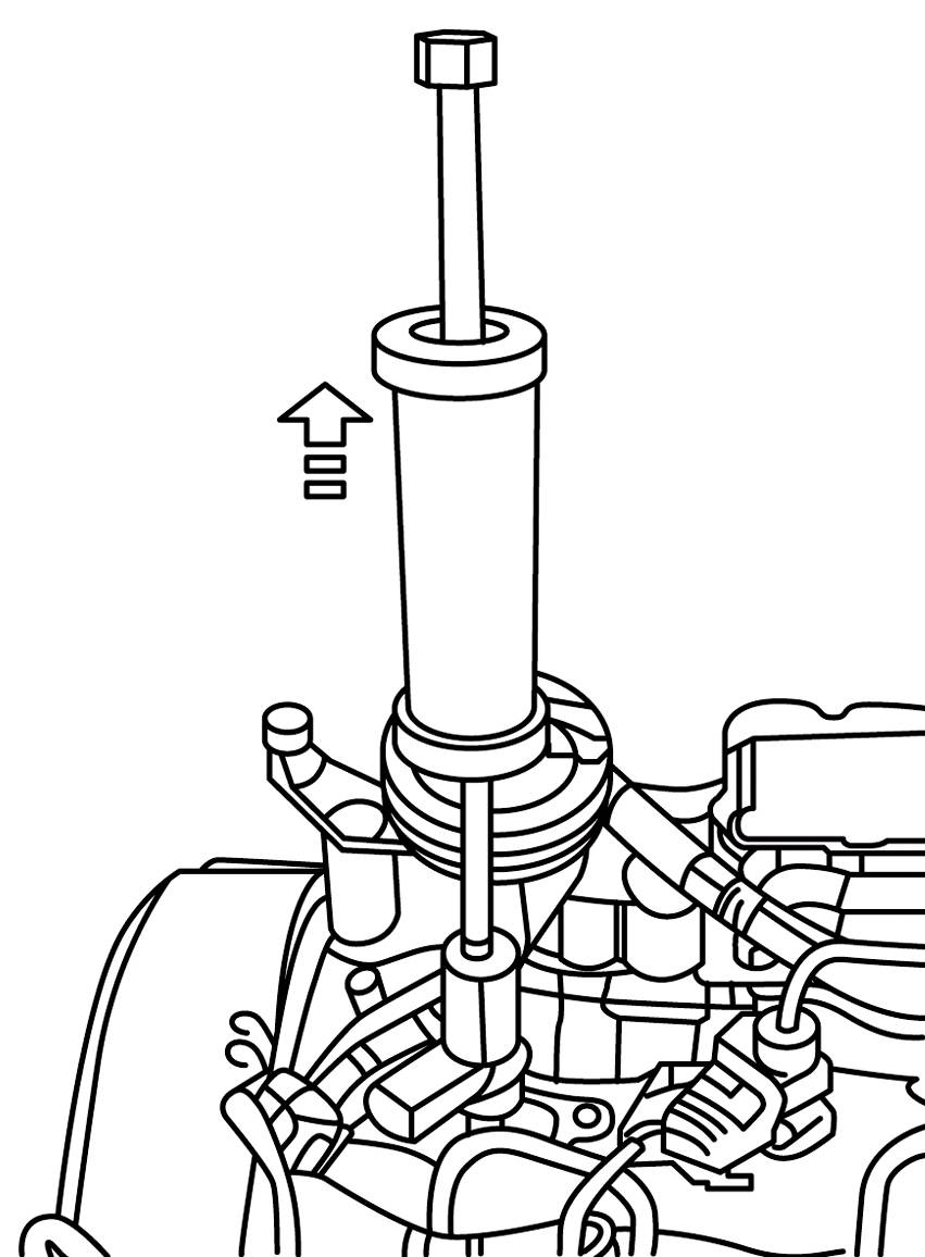Schema zeigt die richtige Positionierung eines Stoßdämpfers in einem Motorblock. Ein Pfeil deutet auf den Platz zur Installation hin.