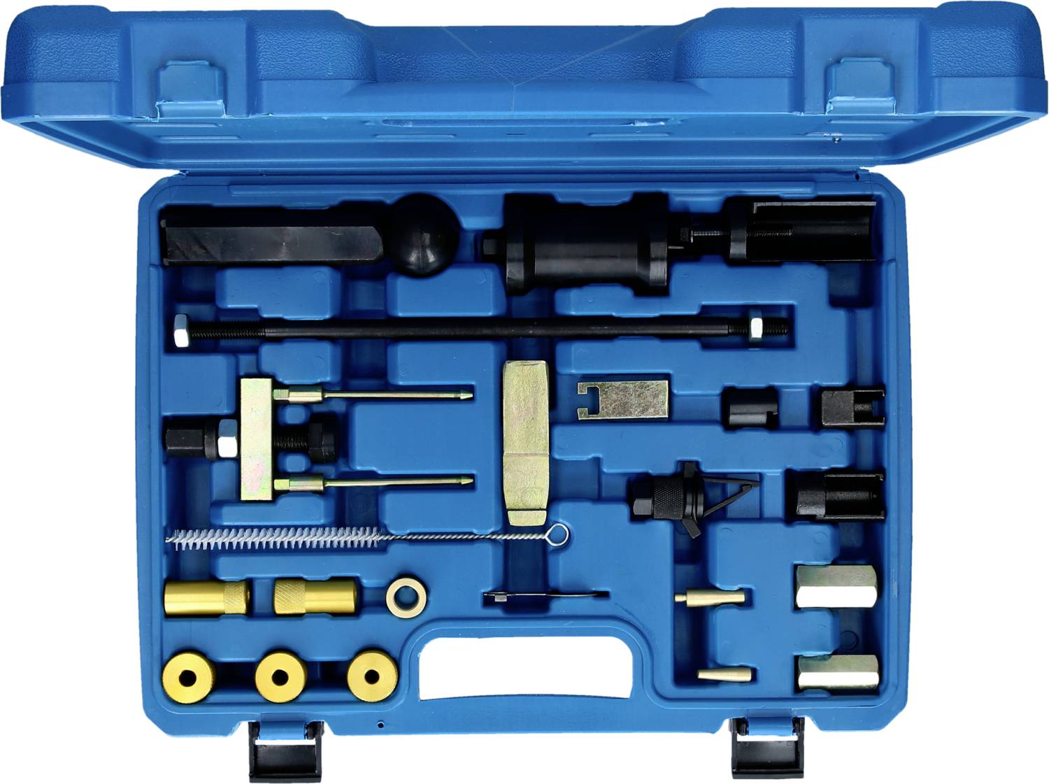 Werkzeugkoffer mit verschiedenen mechanischen Werkzeugen und Aufsätzen zur Motorwartung, sortiert in einem blauen Kunststoffkoffer.