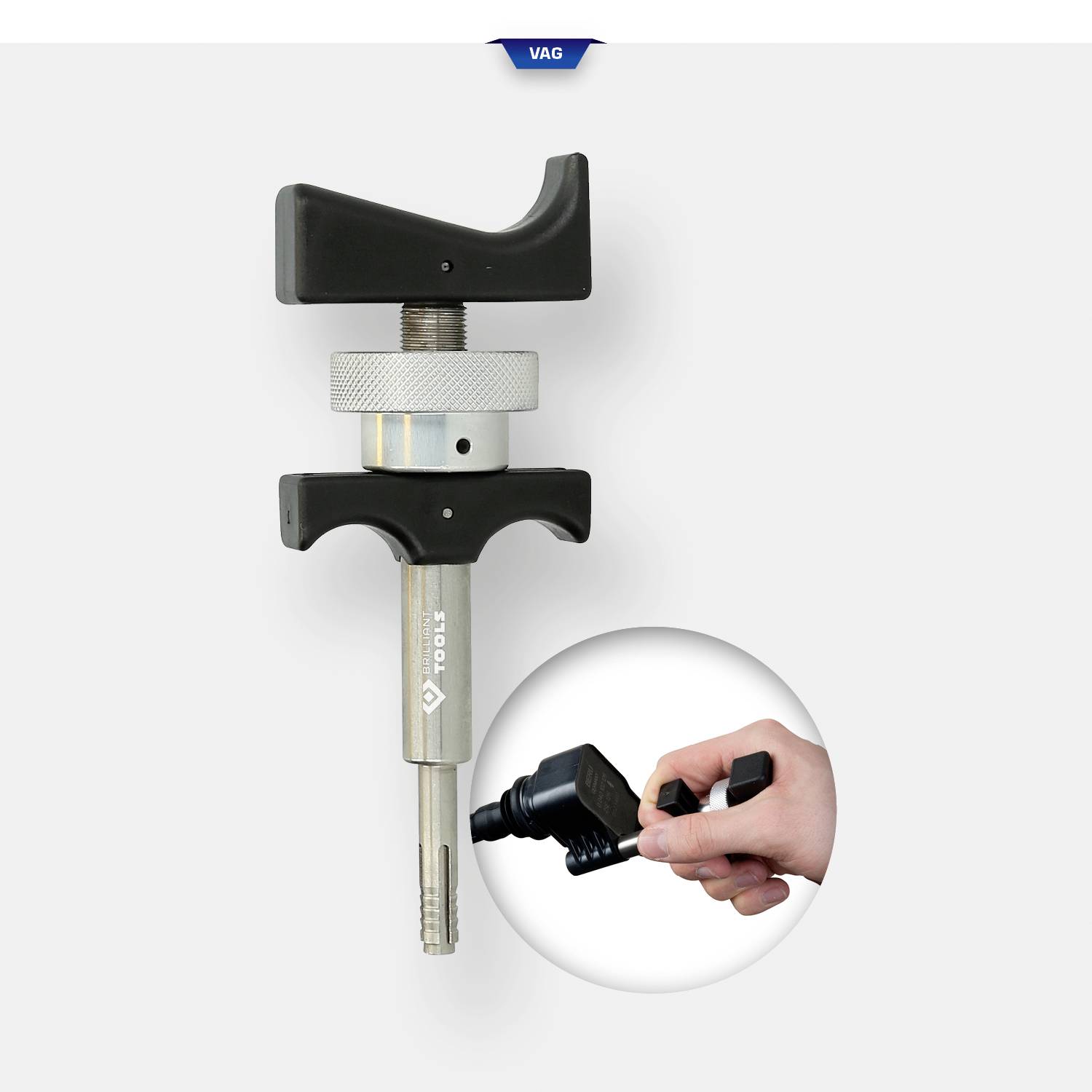 Ein Spezialwerkzeug, das eine VAG-Auto-Verriegelung entriegelt. Es besteht aus einem Griff und einem Adapter, der gedreht wird.
