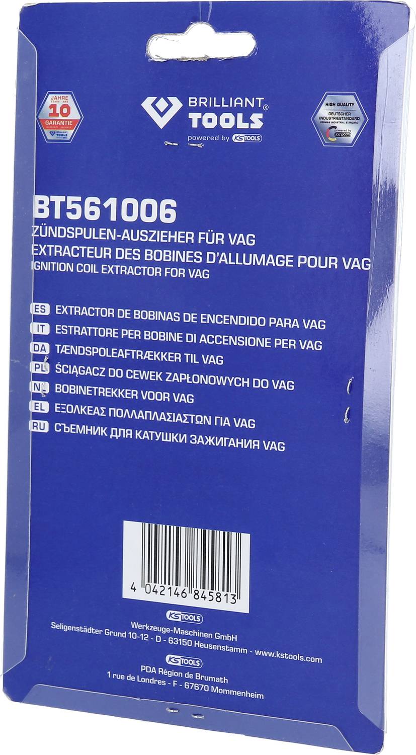 Rückseite einer Verpackung eines Zündspulen-Ausziehers von 'Brilliant Tools' mit mehrsprachiger Beschreibung und Barcode.