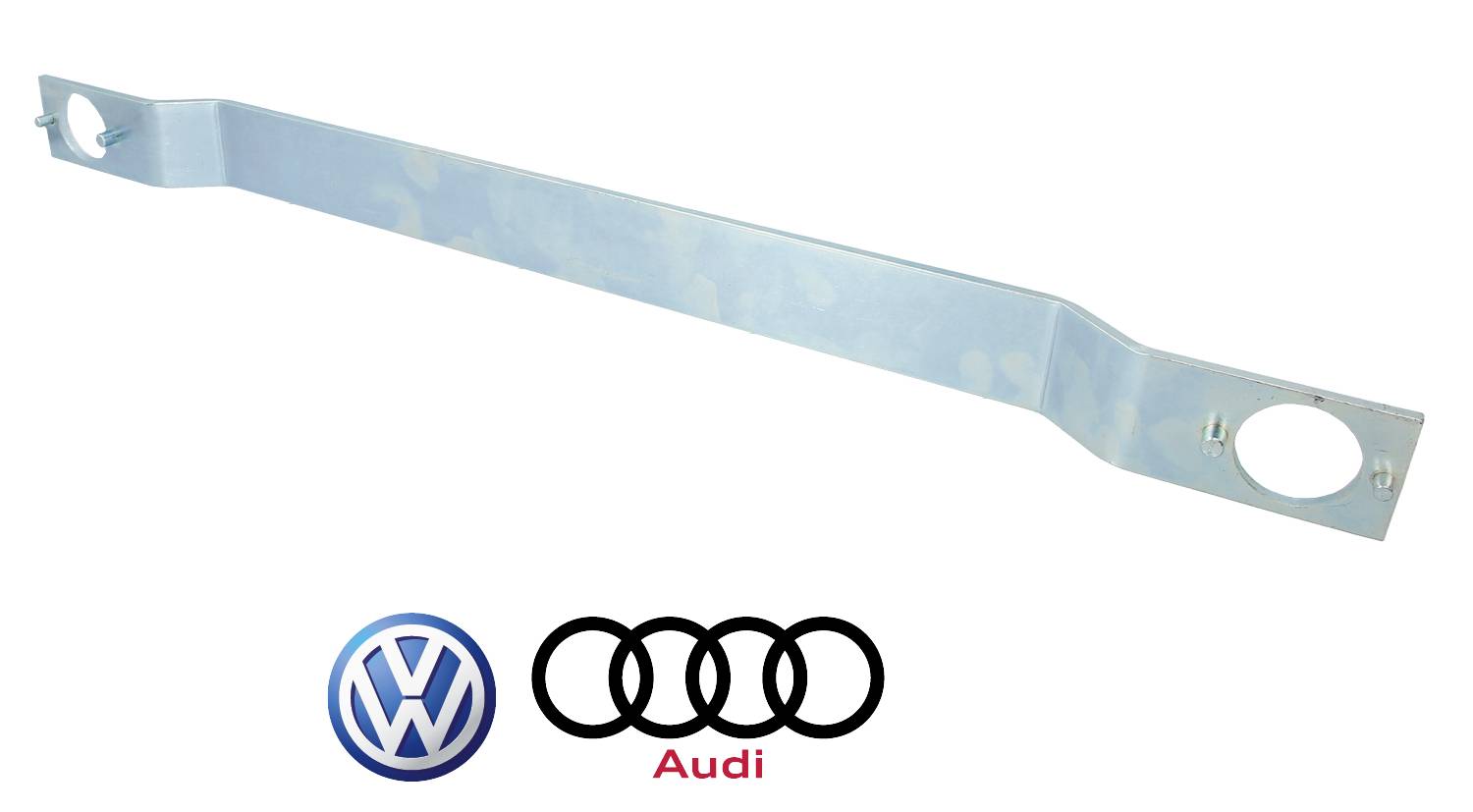 Stahlstrebe, wahrscheinlich ein Fahrzeugteil, vor weißem Hintergrund. Unten sind die Volkswagen- und Audi-Logos abgebildet.