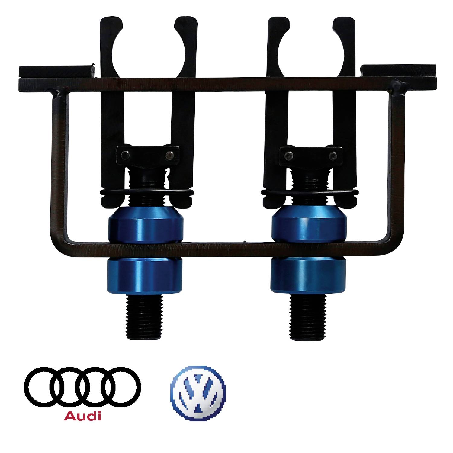 Gerät zur Demontage von Dämpferlagern, zwei Haltevorrichtungen oberhalb. Logos von Audi und VW darunter.