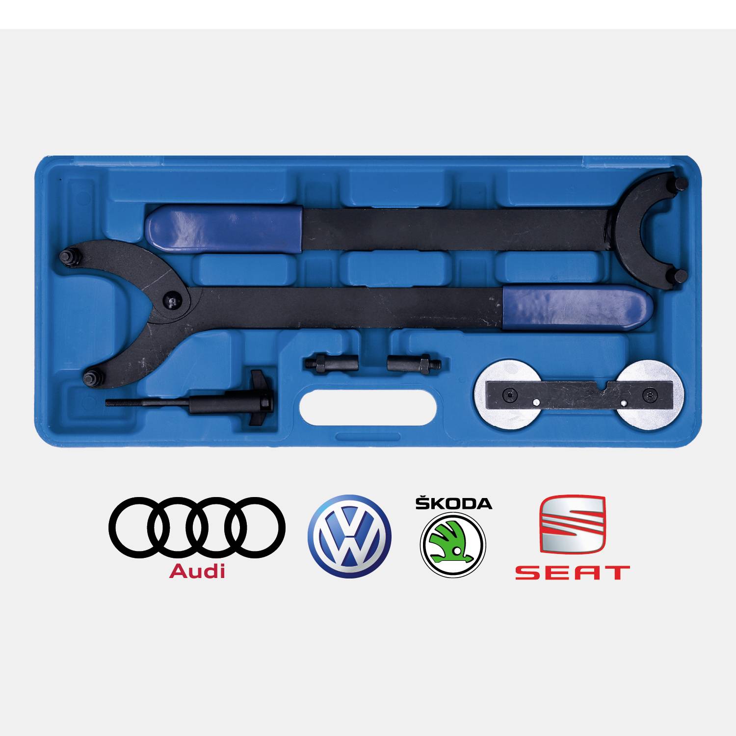 Ein blauer Kasten mit spezialisierten Werkzeugen für Motorreparaturen. Darunter sind die Logos von Audi, VW, Škoda und SEAT.