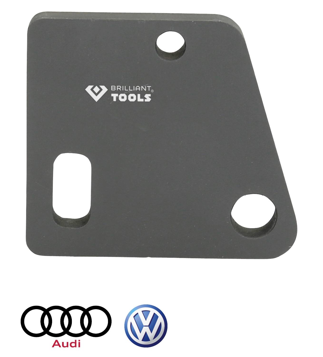 Metallplatte mit abgeschrägten Kanten, Logo 'Brilliant Tools'. Unten sind die Logos von Audi und Volkswagen abgebildet.