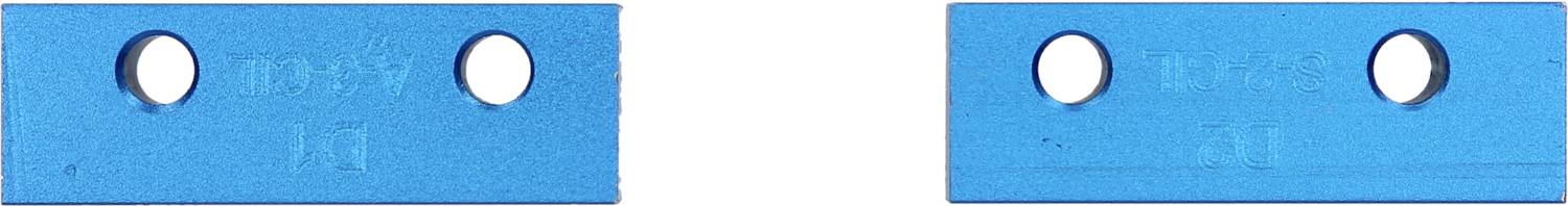 Zwei blaue Metallplatten mit je zwei runden Löchern, übereinander angeordnet.