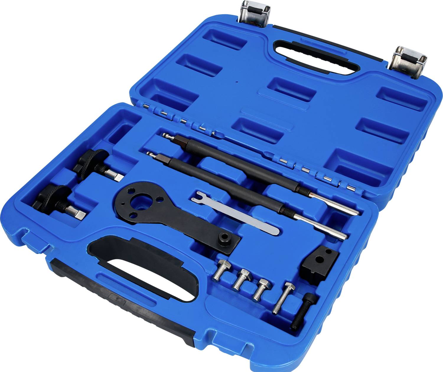 Ein blauer Koffer mit verschiedenen Metallwerkzeugen, darunter Schraubenschlüssel, Bolzen und Hebel, für Mechanikerarbeiten.