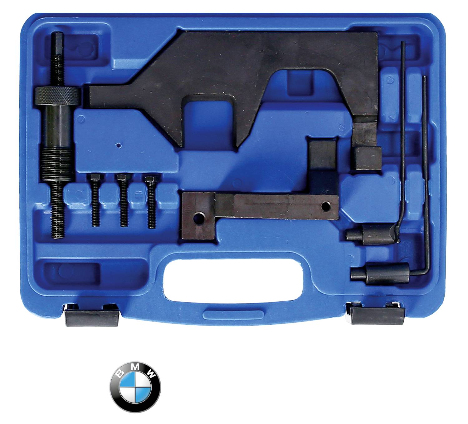 Werkzeugkoffer mit verschiedenen Autoreparaturwerkzeugen auf blauem Hintergrund. BMW-Logo unten links.