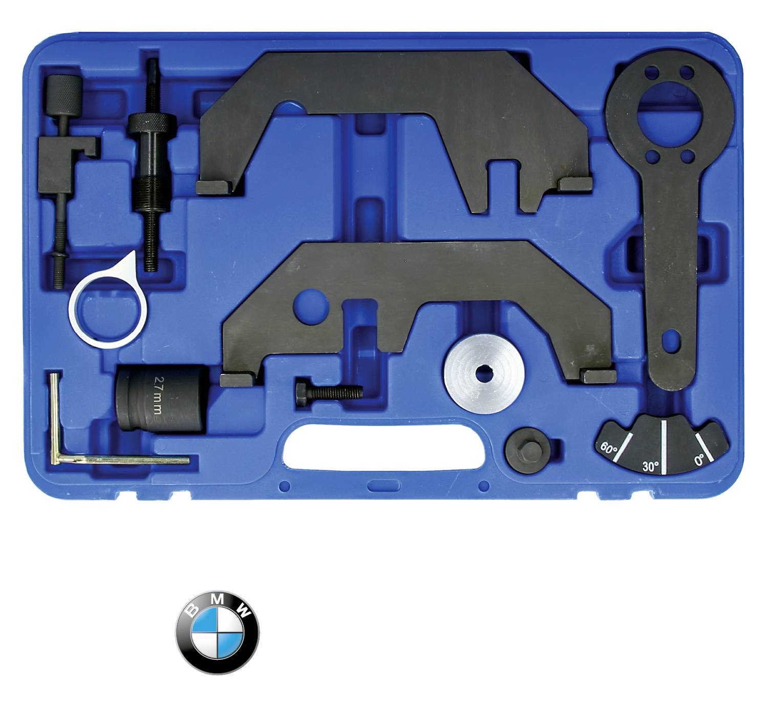 Ein blauer Werkzeugkoffer mit verschiedenen mechanischen Werkzeugen, darunter Schraubenschlüssel und Adapter, neben einem BMW-Logo.