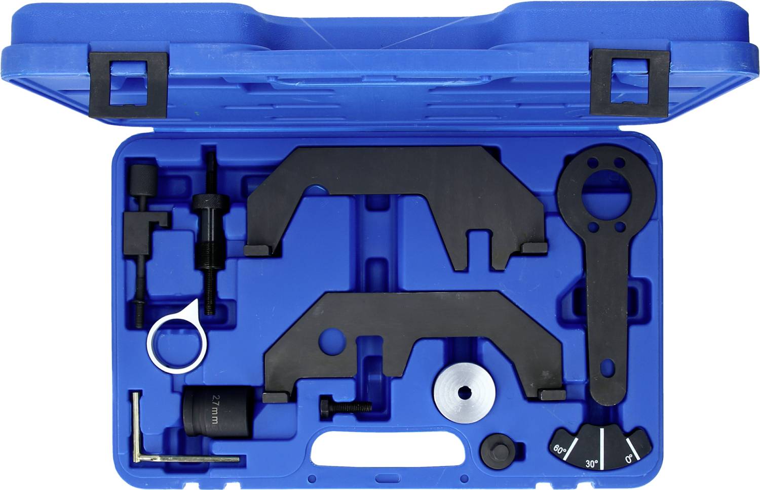Ein blauer Werkzeugkasten mit verschiedenen Metallwerkzeugen und Schraubenschlüsseln, geformt für spezielle Kfz-Reparaturen.