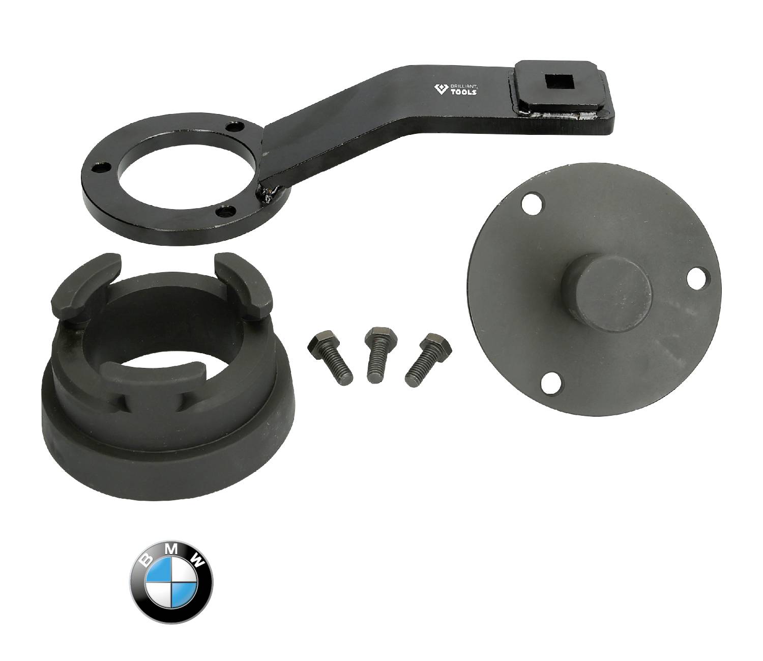 'Spezialwerkzeug-Set für BMW: enthält zwei Adapter, drei Schrauben und BMW-Logo. Dient zur Montage und Pflege von Autoteilen.'