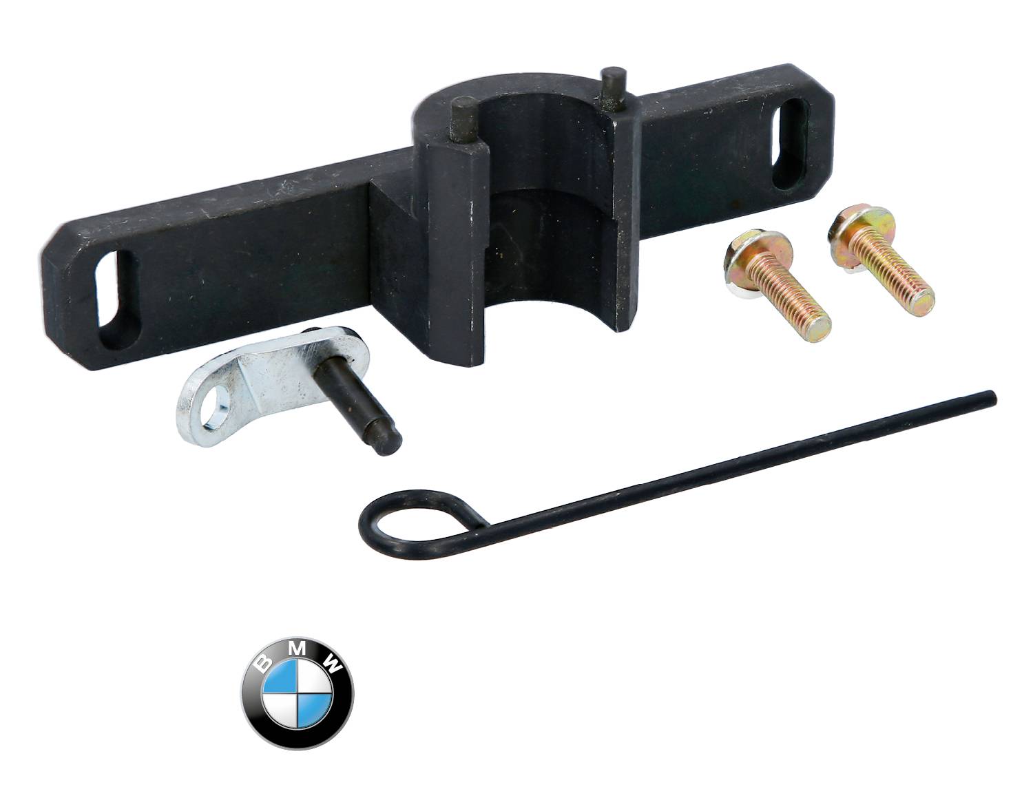 Schwarzes Autoteil mit Halterung, zwei Schrauben, Haken und Logo unten links. Zubehörset für Fahrzeugmontage.