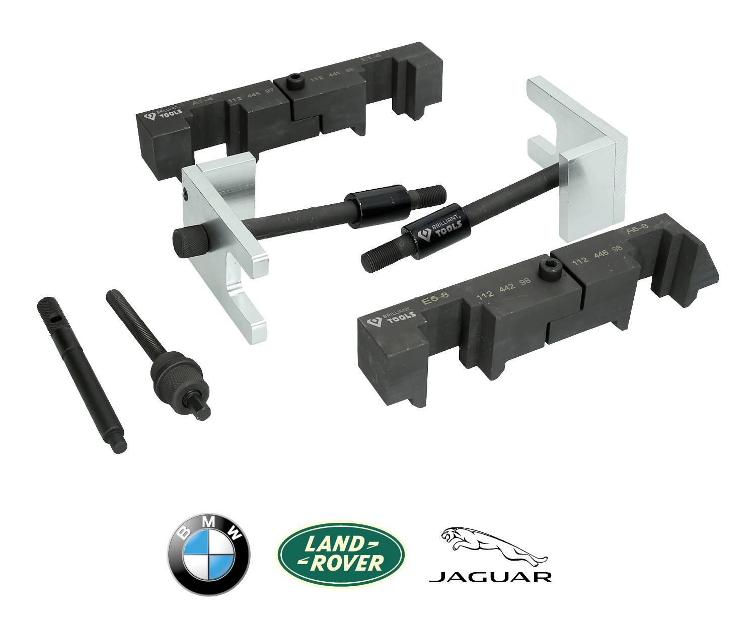 'Motor-Einstellwerkzeug Set für BMW, Land Rover und Jaguar. Enthält Messschieber, Halterungen und Pins für präzise Motorarbeit.'