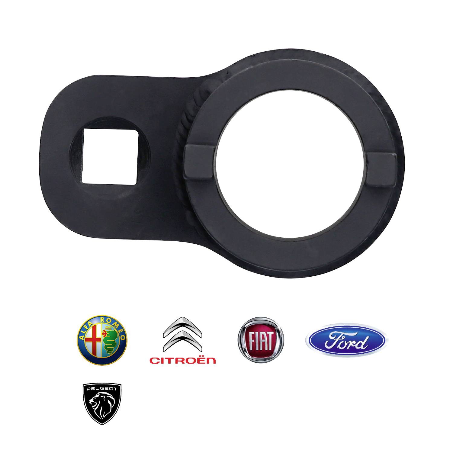 'Schlüsseladapter mit verschiedenen Automarkenlogos darunter: Alfa Romeo, Citroën, Fiat, Ford, und Peugeot. Typische Anwendung Werkstatt.'