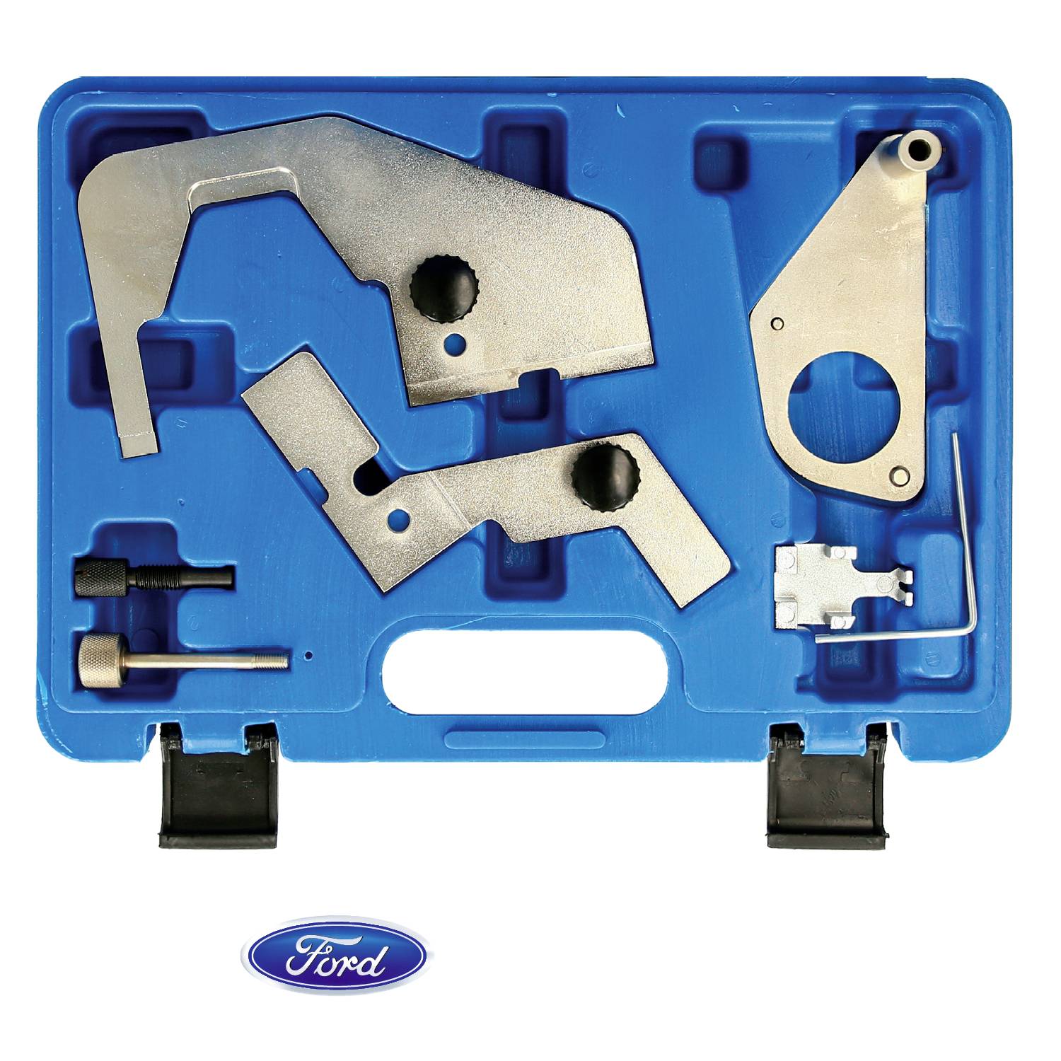 Blauer Werkzeugkoffer mit verschiedenen Metallwerkzeugen für Motorkomponenten, abgebildet mit dem ford-Logo darunter.