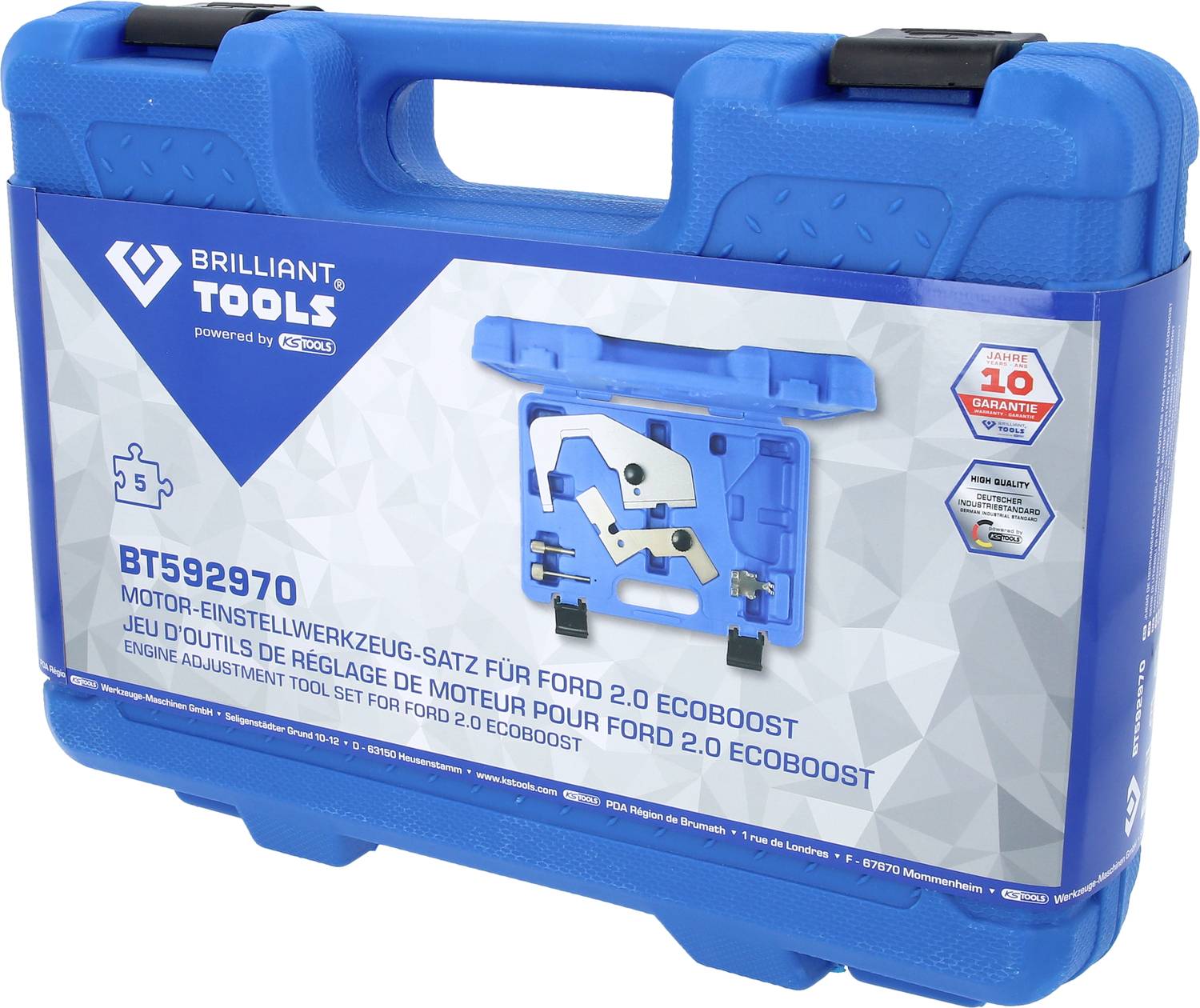 Blauer Werkzeugkoffer mit Aufschrift 'BT592970 Motor-Einstellwerkzeugsatz für Ford 2.0 EcoBoost', inklusive 10 Jahre Garantie.