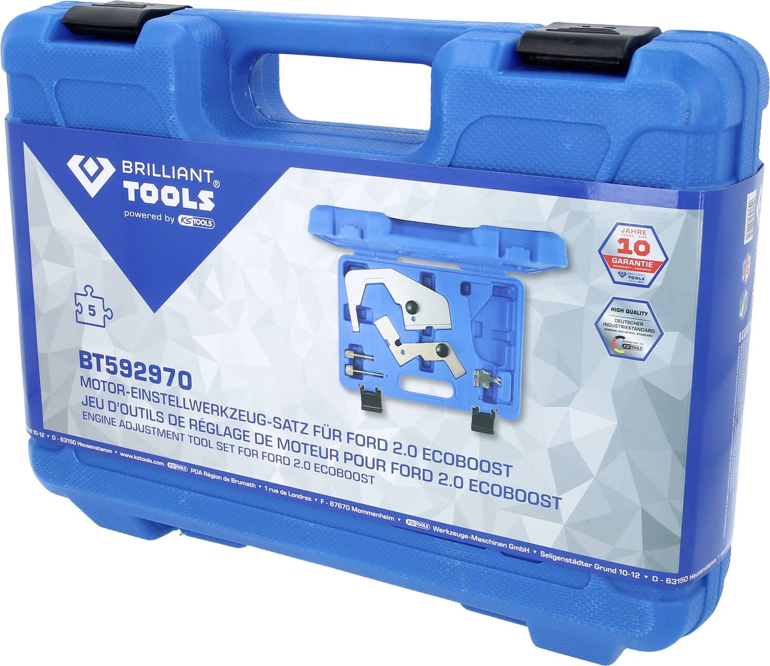 Blauer Werkzeugkoffer mit der Aufschrift 'Engine Adjustment Tool Set for Ford 2.0 Ecoboost'. Markenlogo oben links. 10 Jahre Garantie.