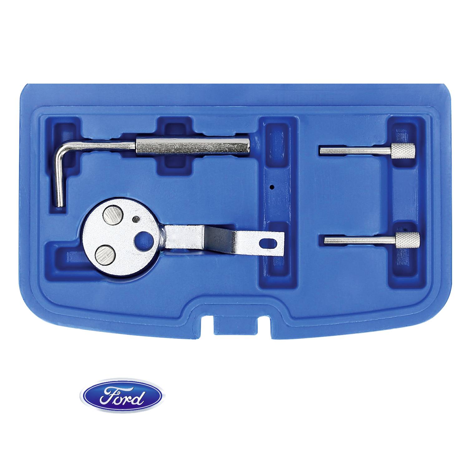 Ein Werkzeugset in blauem Koffer zur Einstellung von Zahnriemen inklusive Spannwerkzeug und Halterungen, neben einem Ford-Logo.