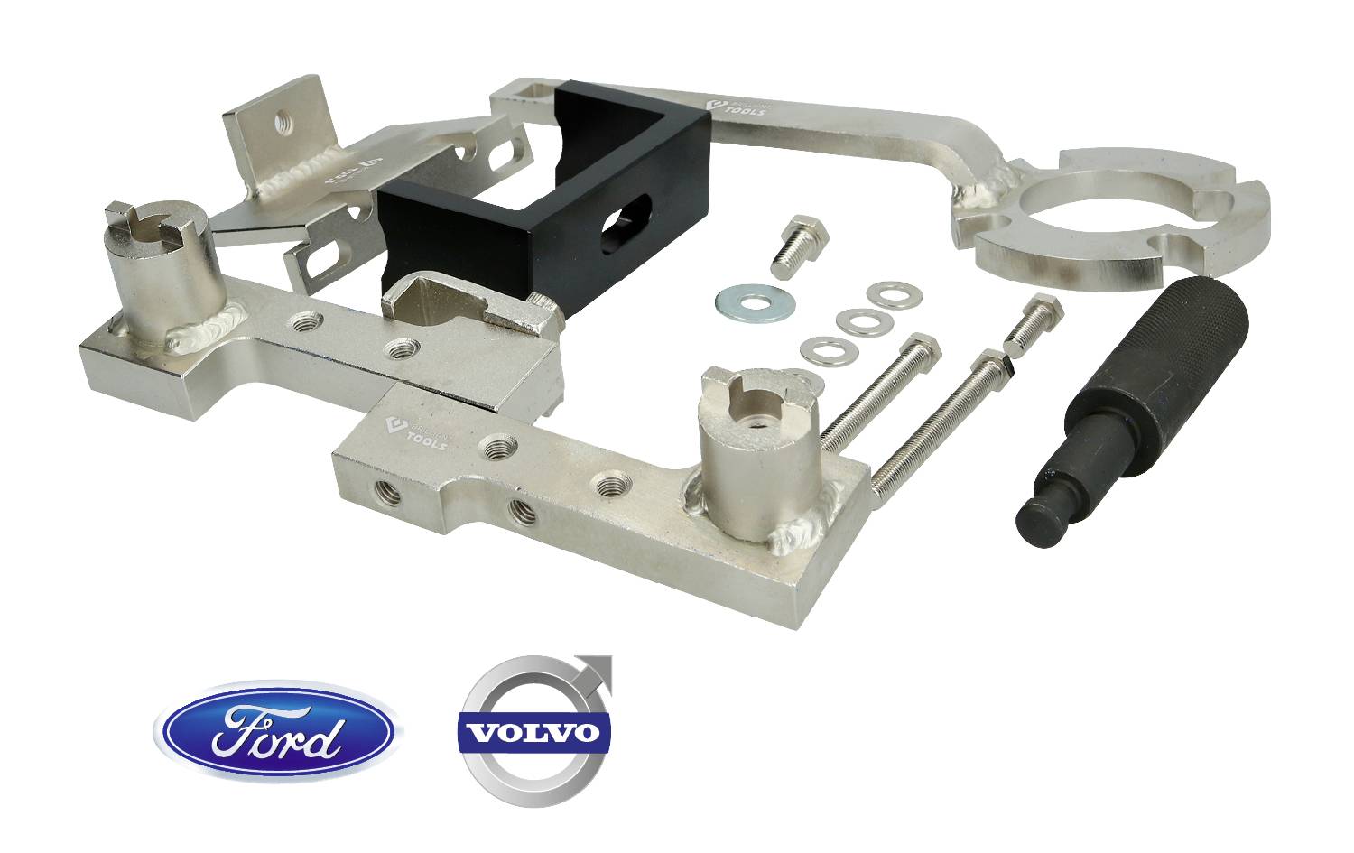Ein Spezialwerkzeugsatz zur Motorreparatur ist abgebildet. Enthält Halterungen, Schrauben und Distanzstücke. Markenlogos von Ford und Volvo unten.