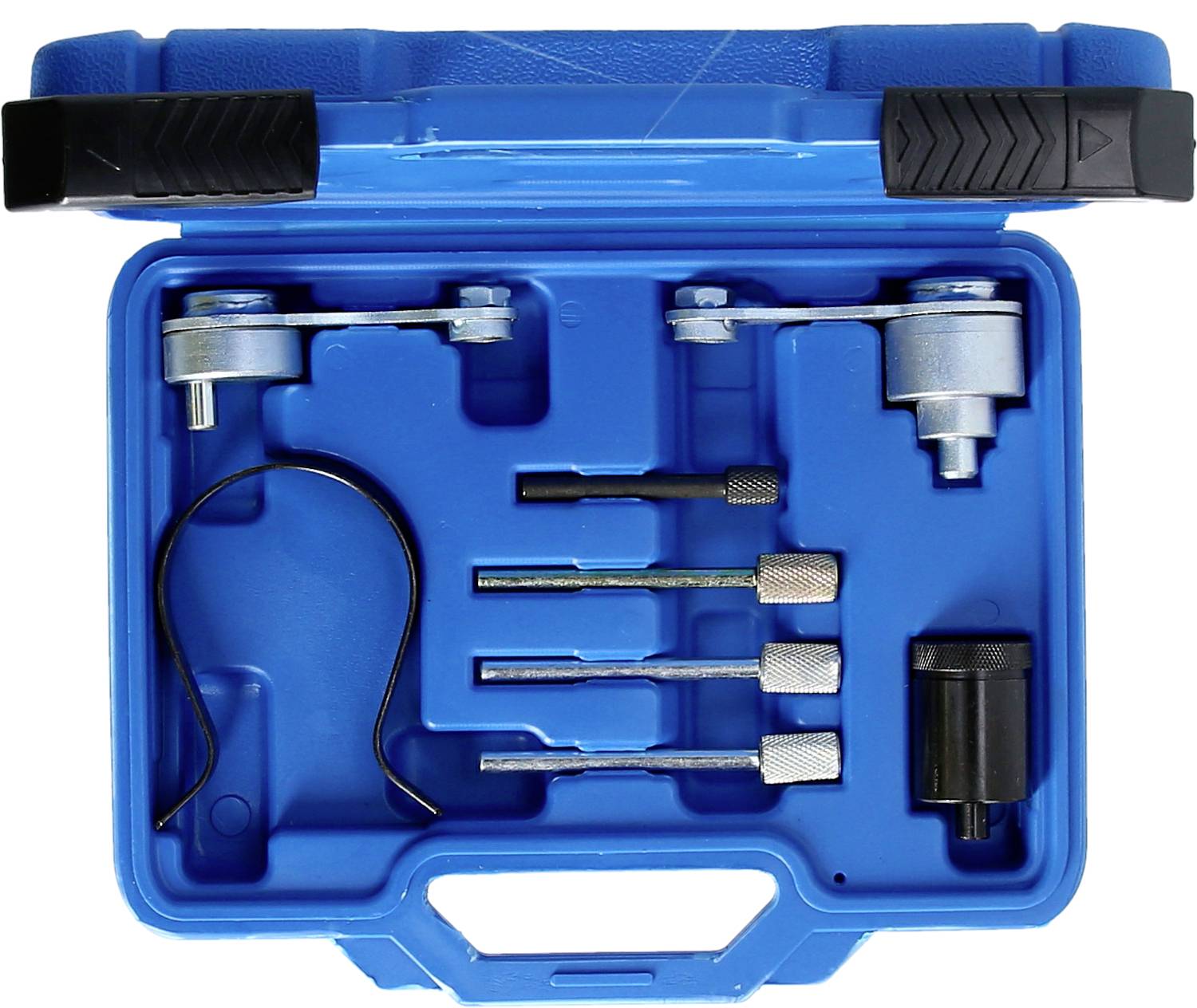 Ein blauer Werkzeugkoffer mit Spezialwerkzeugen zur Motorwartung, darunter Adapter, Stifte und ein Haken zur Zündzeitpunkteinstellung.
