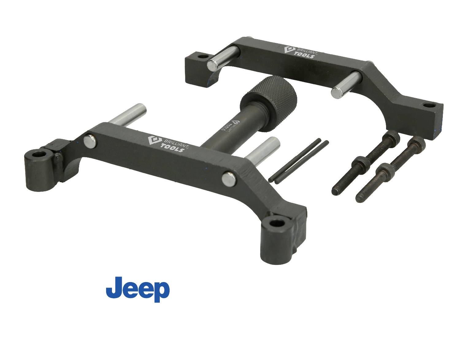'Jeep' Werkzeugsatz mit mehreren schwarzen Werkzeugen und Schrauben, passend zur Marke.