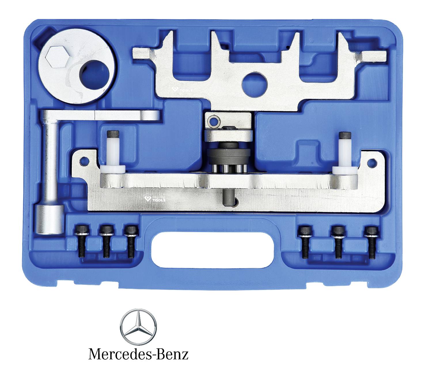 Ein werkzeugsatz von Mercedes-Benz in einem blauen Koffer, enthält diverse Metallteile, vermutlich für spezielle Fahrzeugreparaturen.