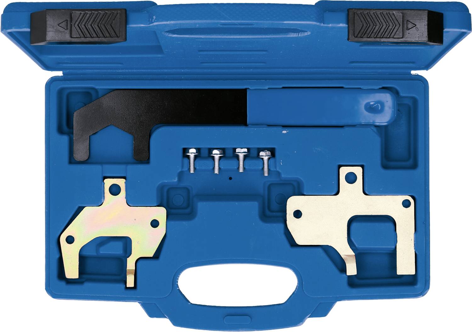 Ein blauer Werkzeugkasten enthält Metallteile in verschiedenen Formen, vermutlich zur Motorreparatur, sowie vier Schrauben.