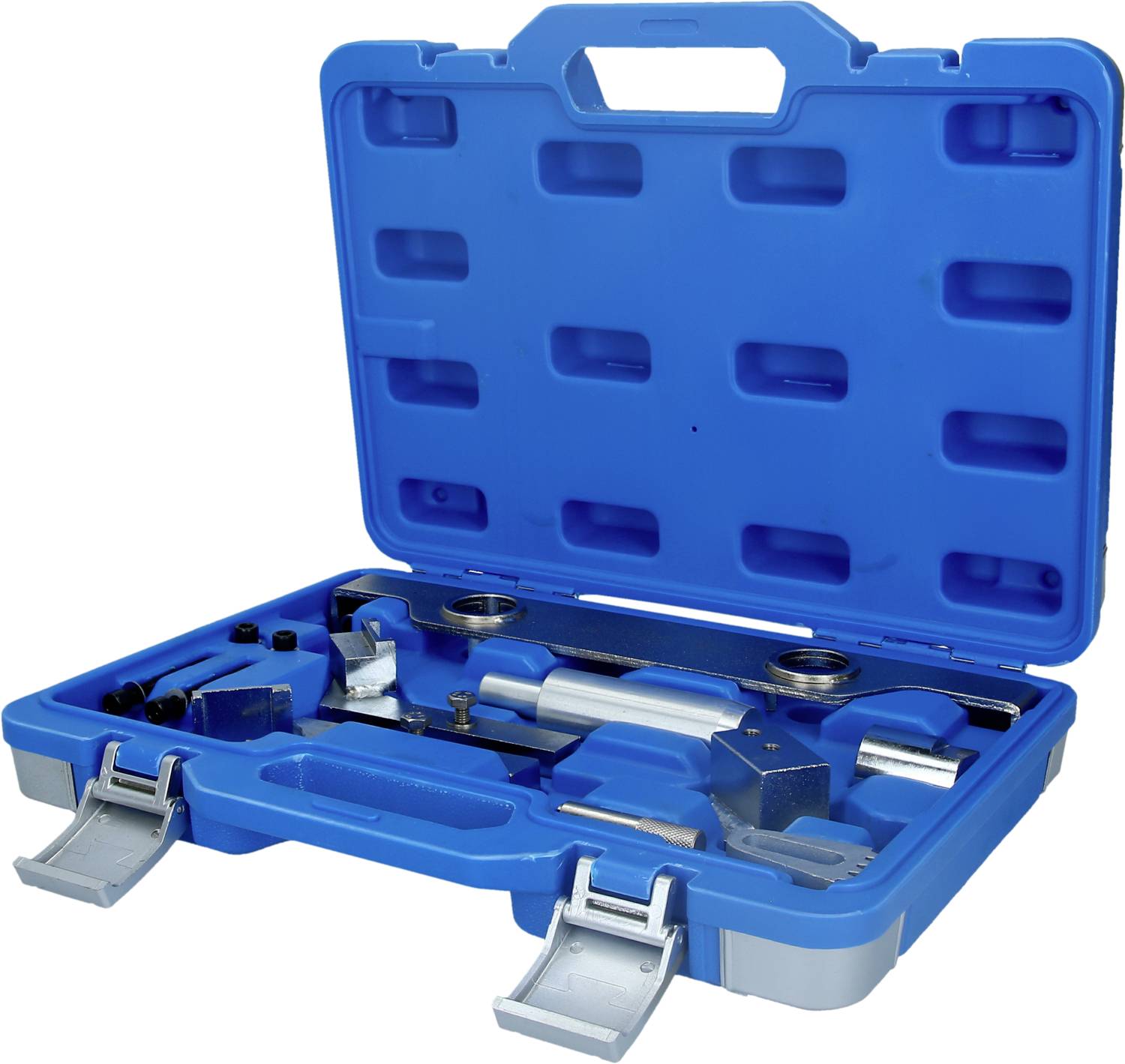 Ein blauer Werkzeugkoffer mit offenem Deckel und verschiedenen Werkzeugen und Zubehörteilen für mechanische Arbeiten.