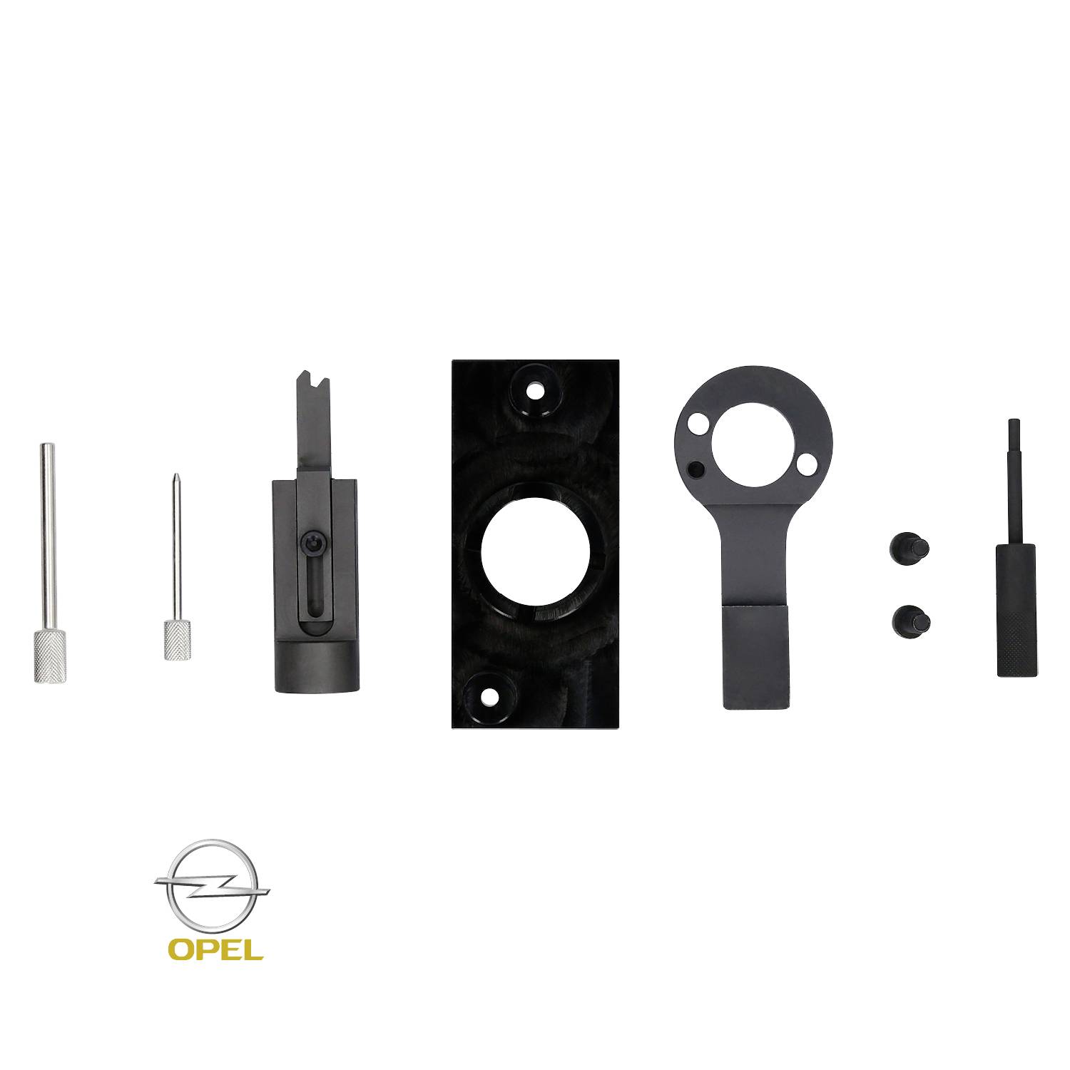 Mehrere schwarze Metallteile und Zubehörteile auf weißem Hintergrund, darunter Stifte, Halterungen und ein Opel-Logo.