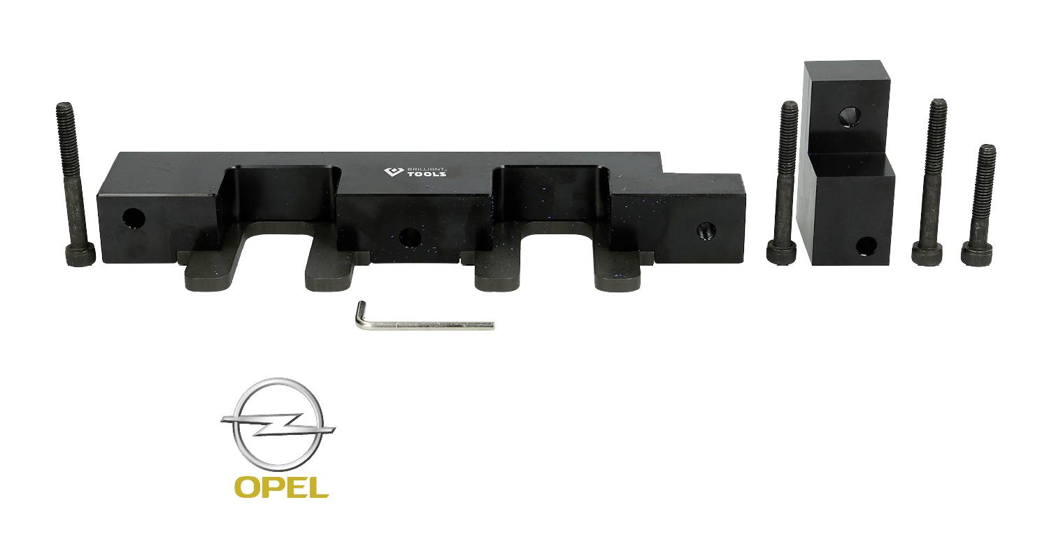 Schwarzes Werkzeugset für Opel-Motoren, bestehend aus verschiedenen Befestigungsteilen und Schrauben, mit Opel-Logo darunter.