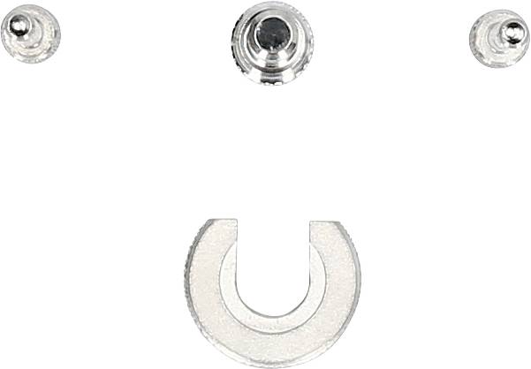 Ein schlichtes, silbernes Smiley-Gesicht, das aus Metallteilen zusammengesetzt ist, mit zwei Augen und einem gebogenen Mundstück.