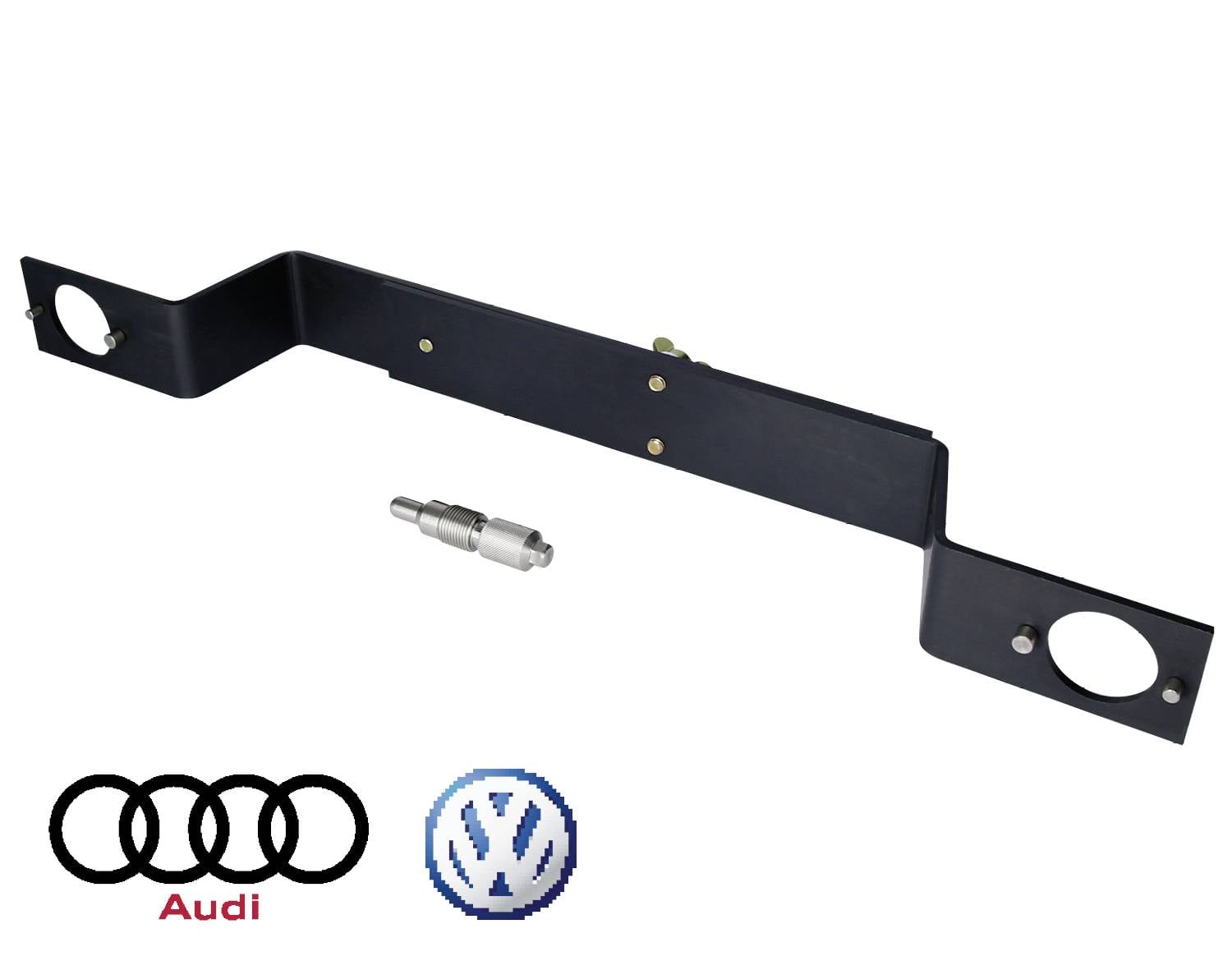 Schwarzes Metallwerkzeug zur Ausrichtung oder Reparatur von Audi- und VW-Fahrzeugen, abgebildet mit den Markenlogos darunter.