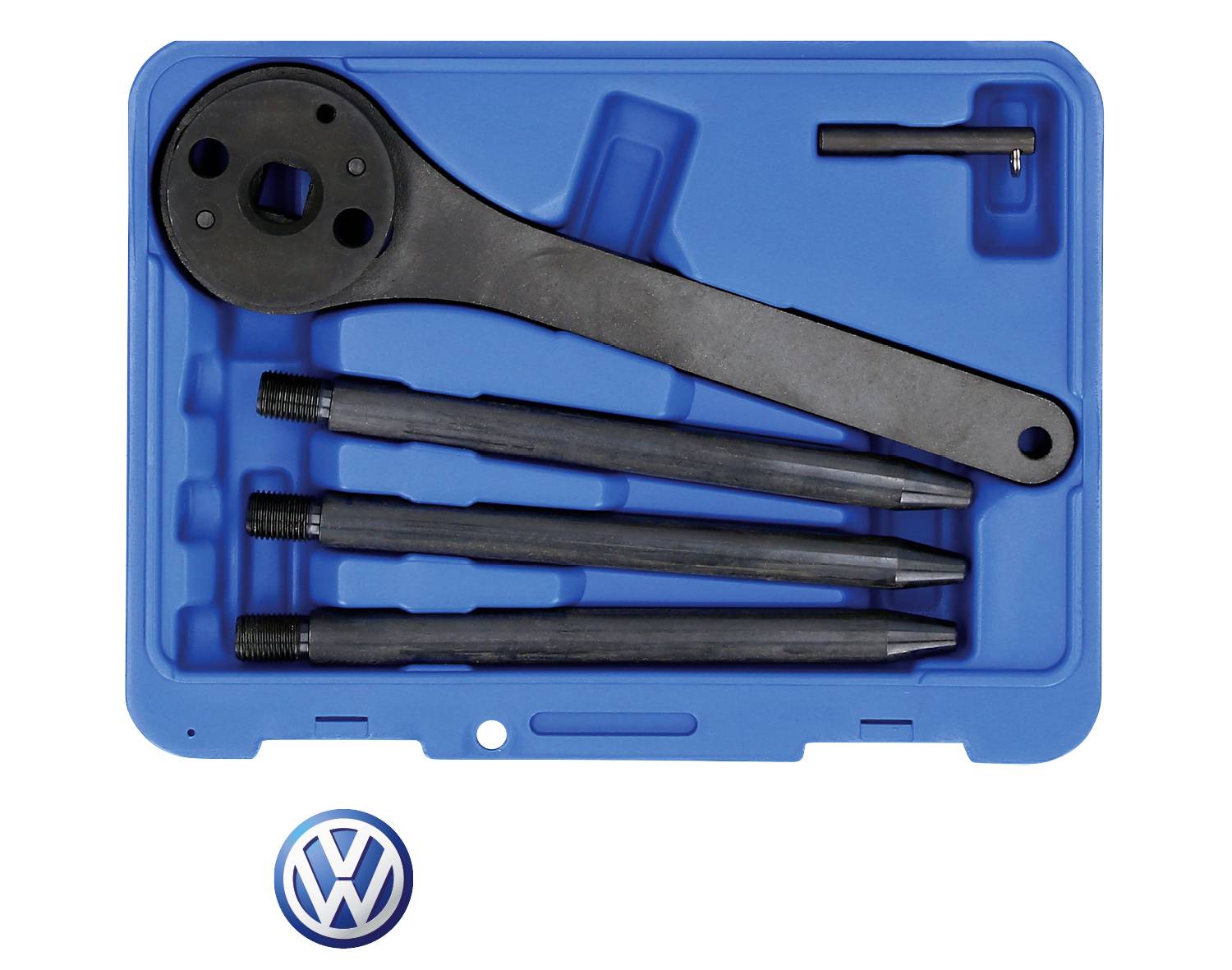 Werkzeugset in blauem Koffer mit vier Schraubwerkzeugen, einem großen schwarzen Schraubenschlüssel und einem kleinen Stiftwerkzeug. VW-Logo unten.