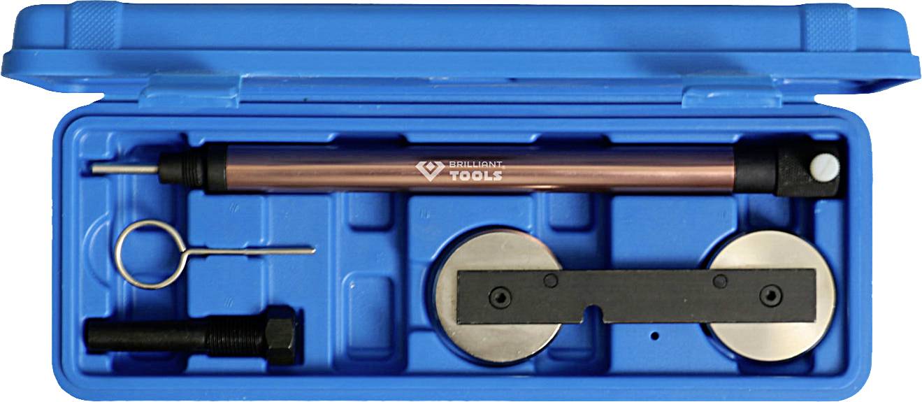 Ein blauer Werkzeugkasten mit einem Kupferwerkzeug, zwei runden Magneten, einem schwarzen Adapter und einem Metallring, ordentlich angeordnet.