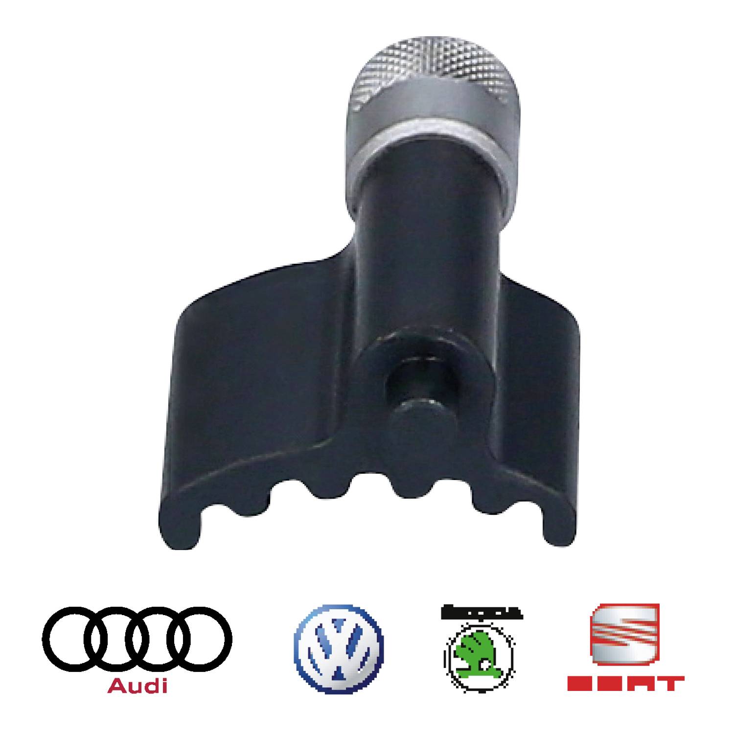 'Bremskolbenrücksteller' mit Griff und Zahnrad, kompatibel mit Audi, Volkswagen, Škoda und SEAT, Logos unten abgebildet.