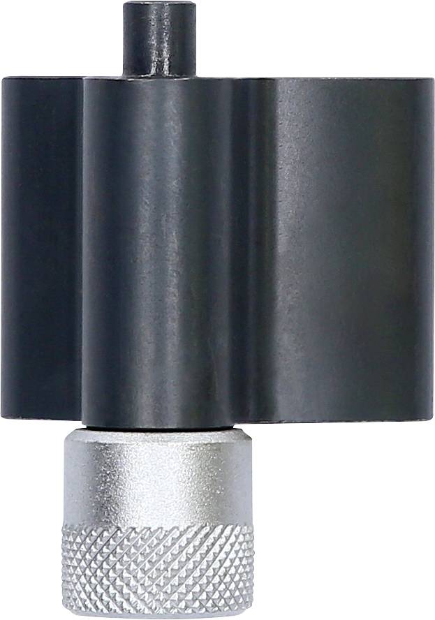 Ein schwarzes, zylinderförmiges Gerät mit einem silbernen geriffelten Boden, möglicherweise ein Teil eines mechanischen Systems oder Werkzeugs.