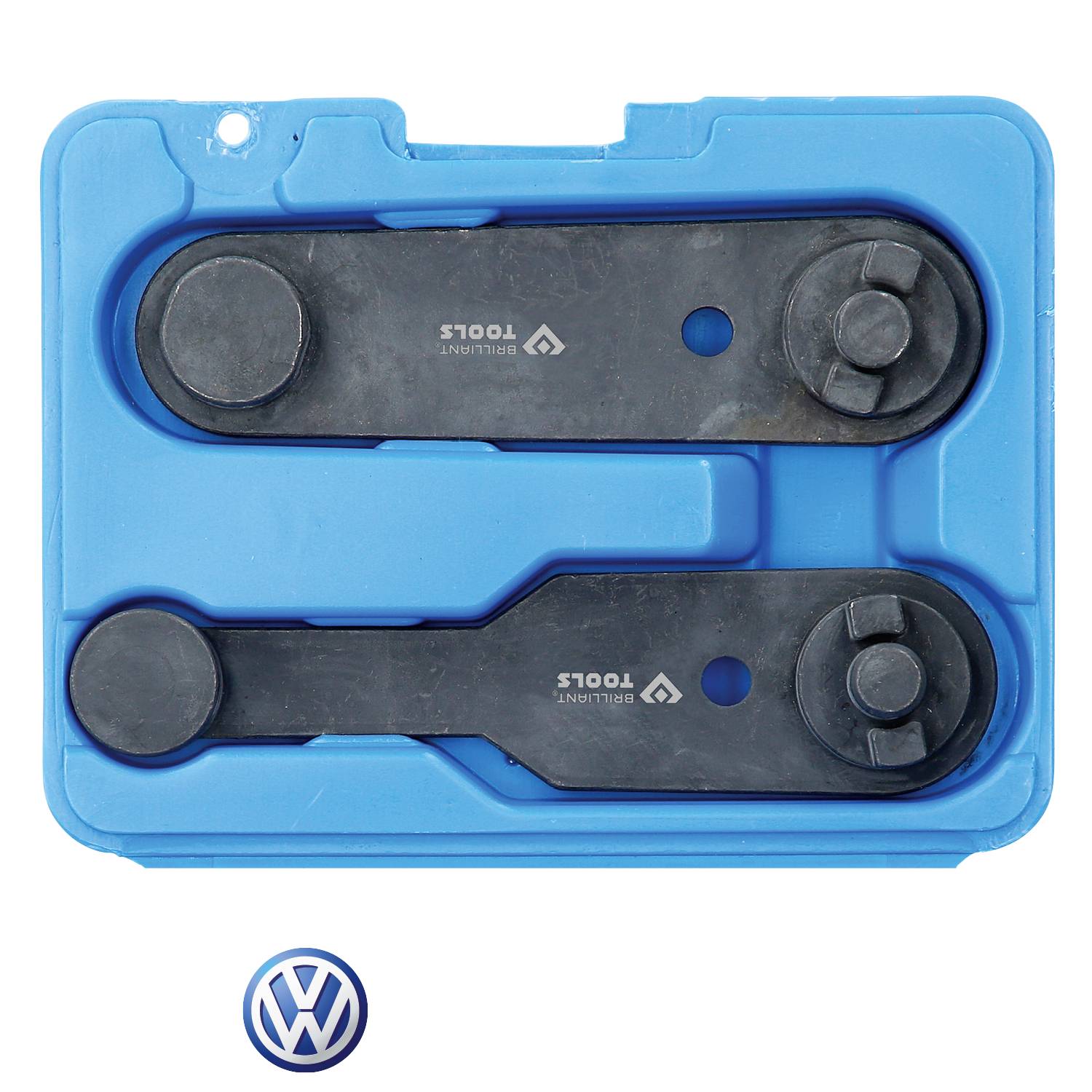 Blauer Werkzeugkasten mit zwei schwarzen Werkzeugen zur Arretierung der Nockenwelle. Darunter ein Volkswagen-Logo.