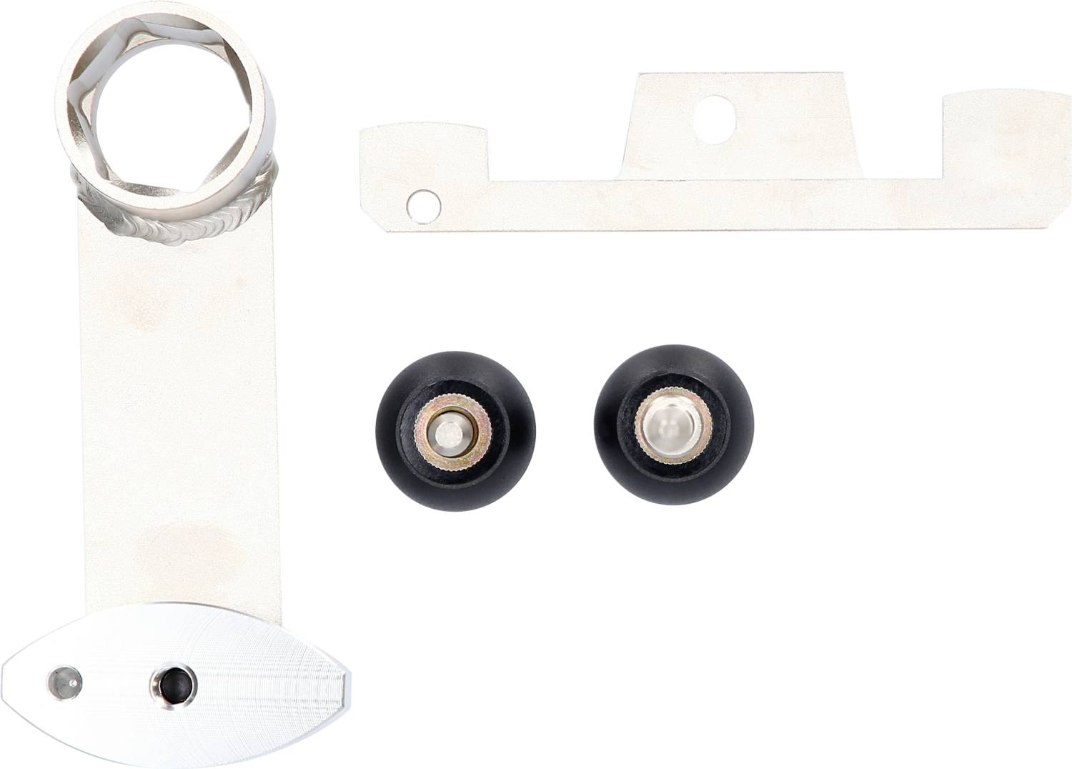 Ein aus Edelstahl bestehendes Set von Badezimmertür-Handtuchhalter-Komponenten: zwei Rollen, eine Halterung und eine runde Abdeckung.
